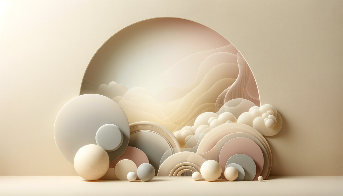 Abstract pastel 3D landscape with spheres, layered waves, and circular geometric shapes