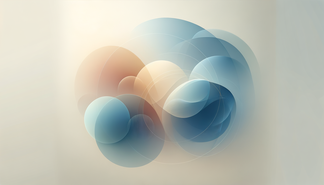 Abstract art with layered blue, beige, and orange circular shapes, modern technology theme