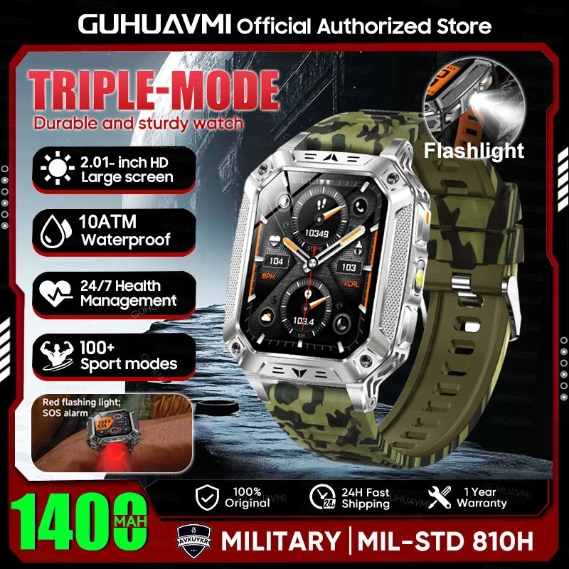 2026 Military outdoor SmartWatch Fitness Clock Men 2.01 inch AMOLED Screen 1400mAh Battery Flashlight Call Waterproof Smart Band Green Camouflage 1400 Large battery Magic Electronics S00050b709c7d45f596eaa50ef7d47151t Green Camouflage 1400 Large battery
