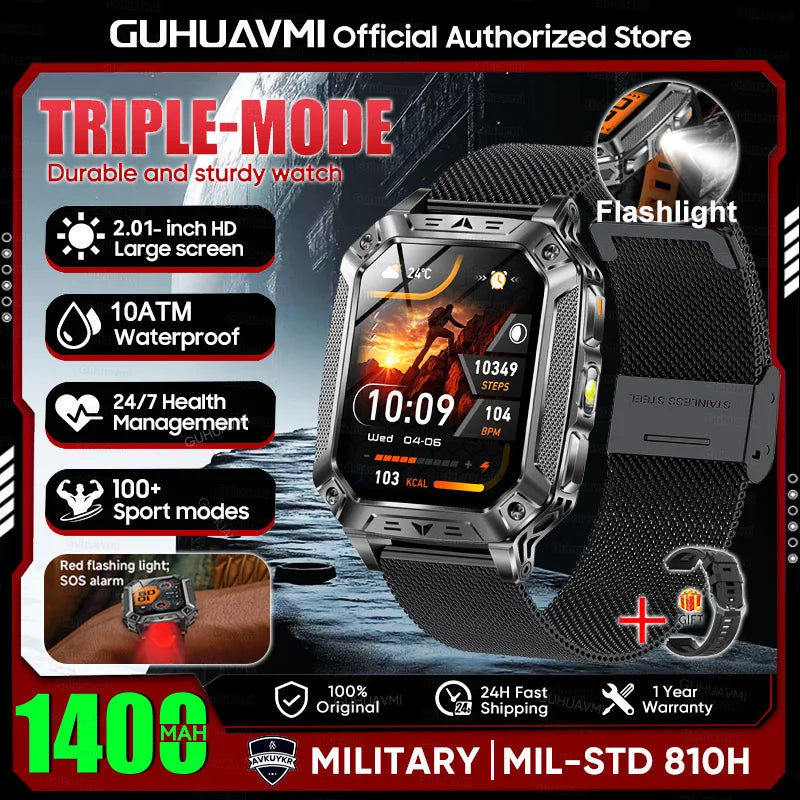 2026 Military outdoor SmartWatch Fitness Clock Men 2.01 inch AMOLED Screen 1400mAh Battery Flashlight Call Waterproof Smart Band Black Mesh Belt 1400 Large battery Magic Electronics S013252228ee94a0384cb81d373e107969 Black Mesh Belt 1400 Large battery