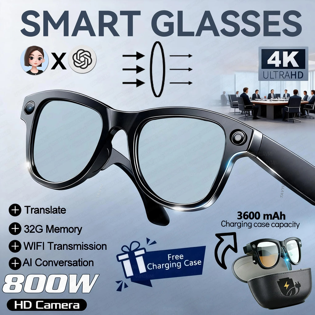 AI Smart Glasses with Camera 1200P M02 Ultra ChatGPT Voice Control 32GB Real-time Translation 3600mAh Charging Case Sunglasses Black Blue Light A Magic Electronics S032df6b8eb4c4c8a9503a98941a9c8aah Black Blue Light A