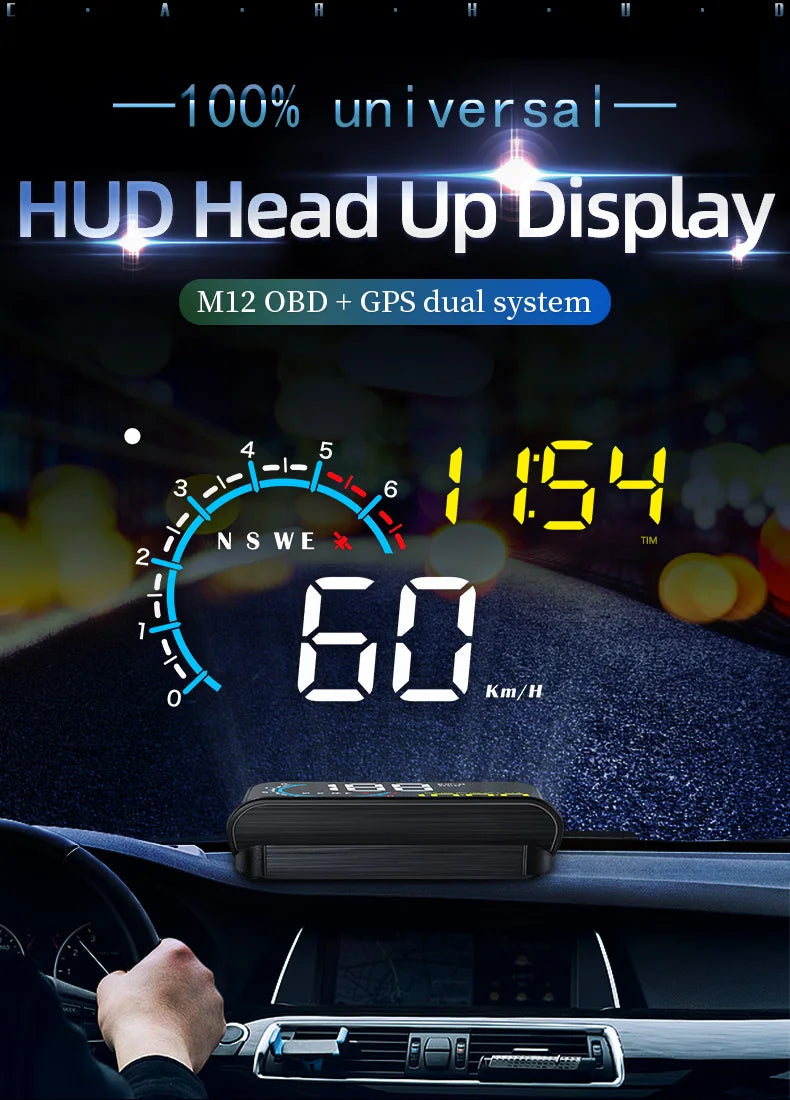 M12 HUD Windshield Projector OBD+GPS Universal Head Up Display Car Speedometer Water temp RPM Voltage Security Automatic Alarm Magic Electronics S055dd2085e69441c9c9b71f5b9874bdcZ