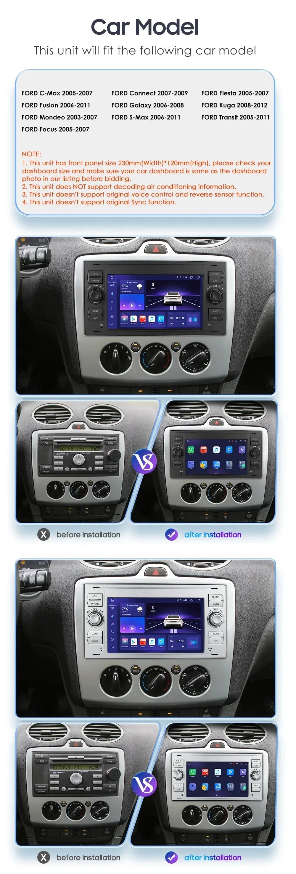 7' Car Radio with Wireless Carplay Android Auto Bluetooth FM for Ford Mondeo Fiesta S-max Focus Galaxy Transit Fusion Connect K Magic Electronics S09a6cb38c7a04f2fbd644d2028487233t