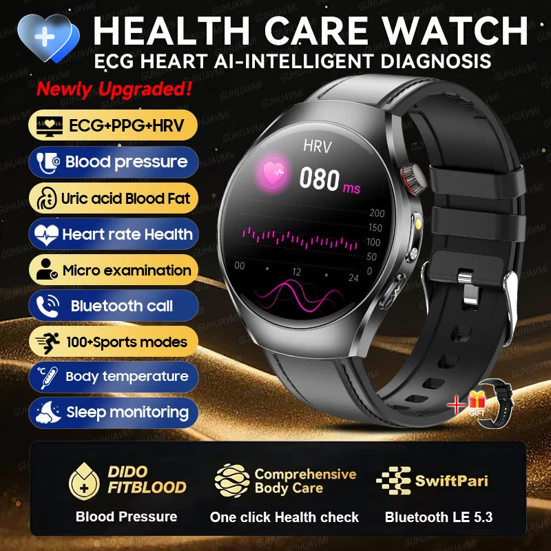 2026New Health Care Analysis ECG+PPG Smart Watch Blood pressure Fitness Uric Acid Blood lipids Bluetooth Call Clock Smartwatches Black Leather ECG Chip Magic Electronics S0a8deeb26ceb4a90bb6e7b21b5423322m Black Leather ECG Chip