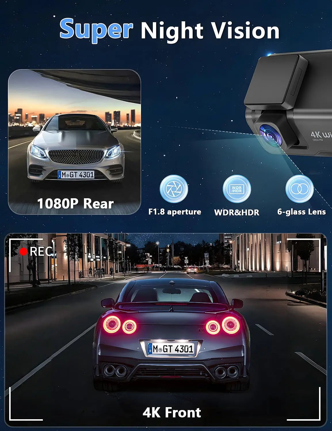 Kocam 4K UHD Dash Cam WiFi Car DVR Front and Rear Dual Lens Auto Car Camera with Night Vision 24H Parking Monitor Black Box - Magic Electronics