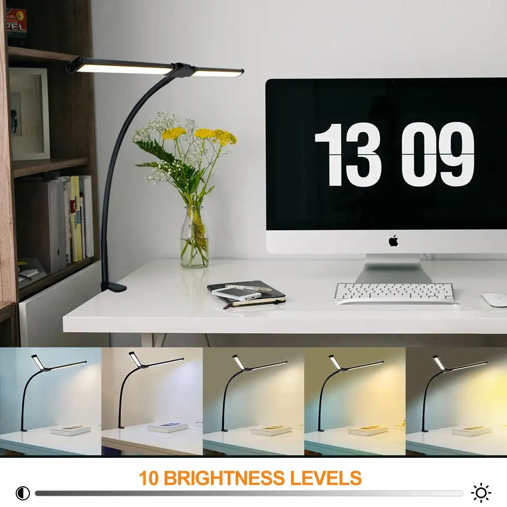 Home Office LED Desk Lamp Double Head Stepless Dimming Eye-Caring Reading Lights 3 Color Mode Flexible Adjustable PC Table Lamps - Magic Electronics