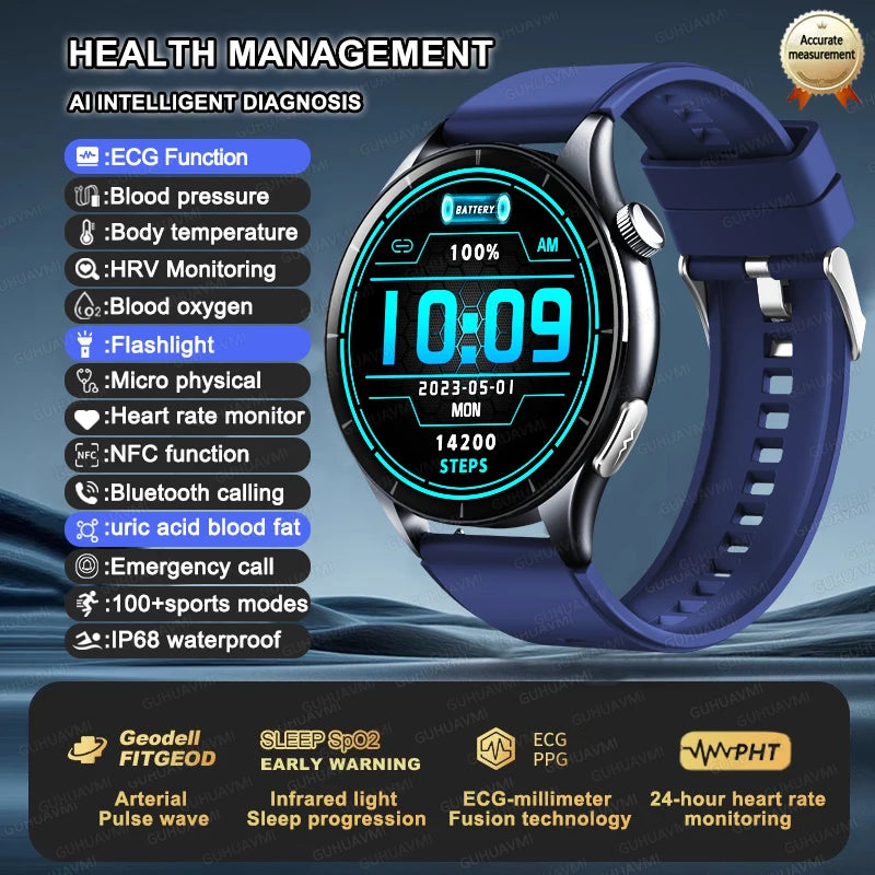 New upgrade High end Analysis Health Smart Watch Sapphire screen ECG Uric Acid BP Blood Oxygen Body Fat HD Call NFC Smart Watch blue Nursing Grade Magic Electronics S102f89b7c09c4401b6c7acc57a30e7faR blue Nursing Grade