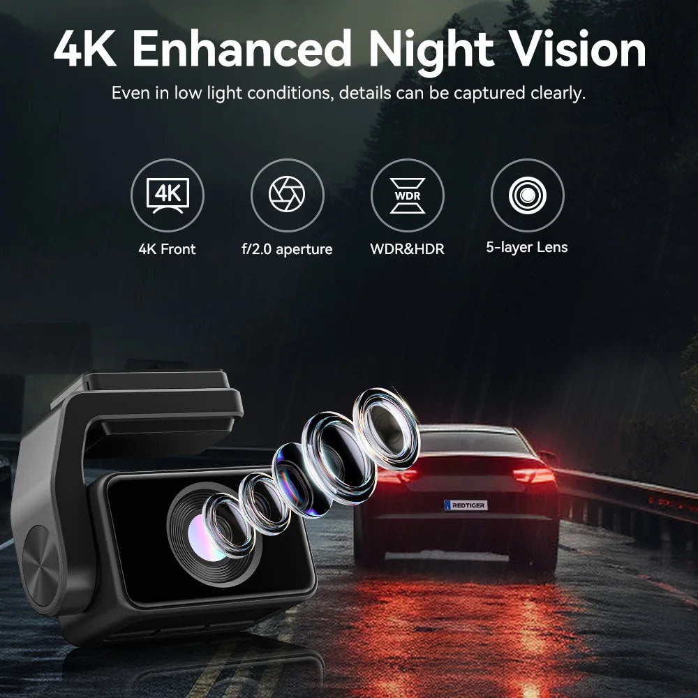 REDTIGER A4 4k Dash Cam Front and Rear Drive Recorder GPS& 5G WiFi Touch Screen Night Vision 24H Parking Mode Voice Control - Magic Electronics