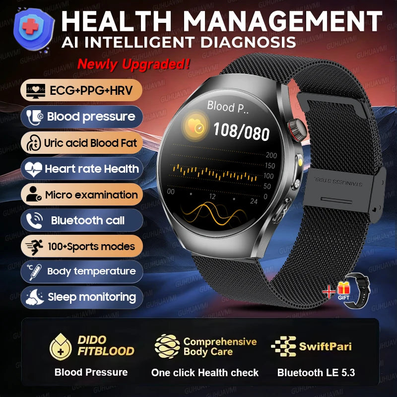 2026 New Accurate Body Health analysis Smart Watch Men ECG Blood lipids Uric acid Blood Pressure Body Fat Voice Call Smartwatch Black Mesh Belt Nursing Grade Magic Electronics S16a09732408a43be9fd03f3aa54ba9518 Black Mesh Belt Nursing Grade
