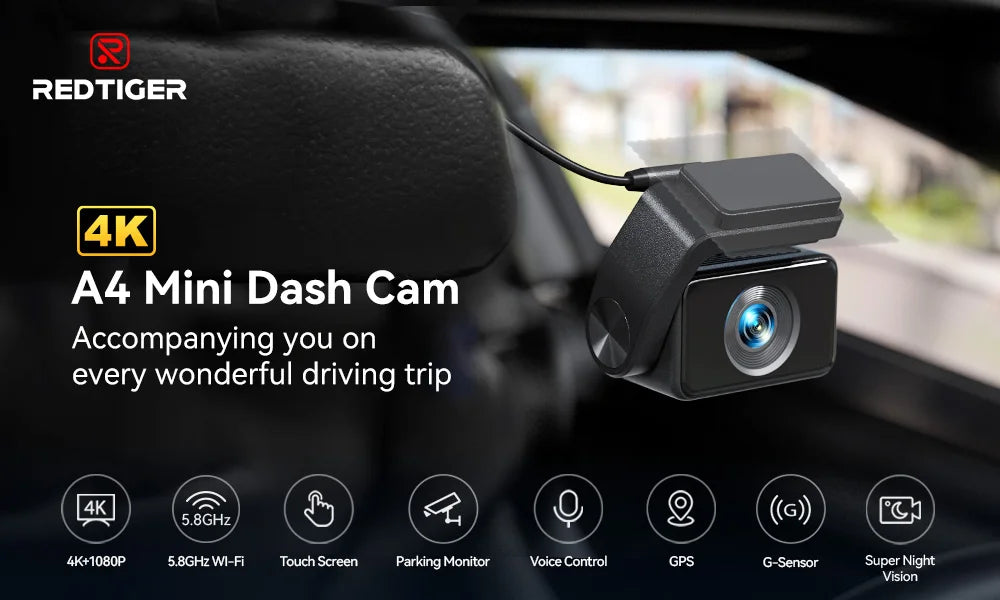 REDTIGER A4 4k Dash Cam Front and Rear Drive Recorder GPS& 5G WiFi Touch Screen Night Vision 24H Parking Mode Voice Control - Magic Electronics