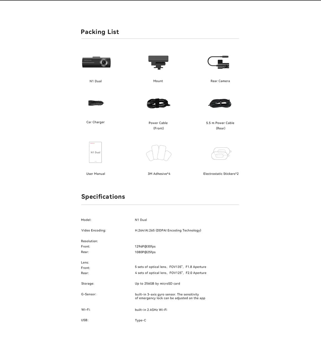 DDPAI Dash Cam N1 Dual Front & Rear Recording NightVIS 1296P Dash Cam Recorder Car DVR App Control - Magic Electronics