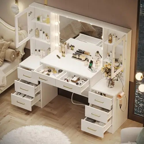 58.3' Vanity Desk with Mirror, Lights & Charging Station, 8 Drawers, 2 Cabinets Magic Electronics S1e66242b987540b590f783ba4cdf5dbfz