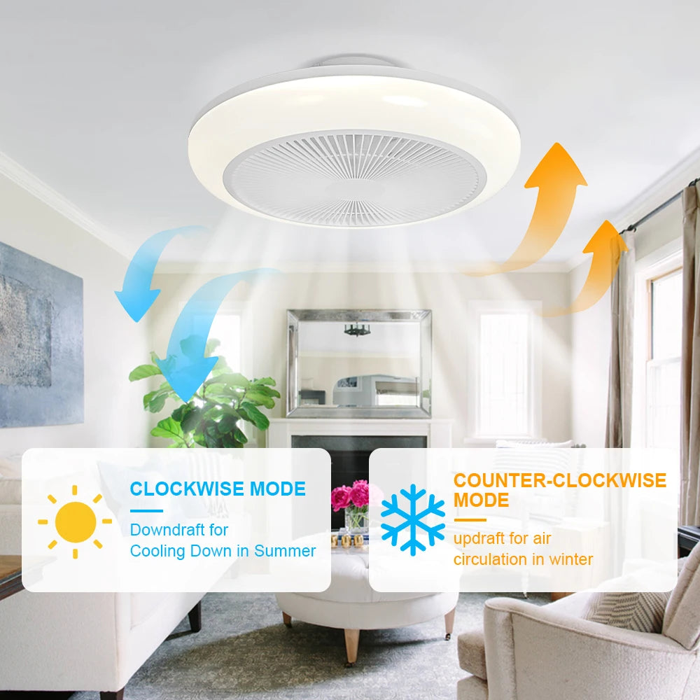 Ceiling Pendant Light Ceiling Fan with Light showing tri-color dimming options and brightness adjustment features.