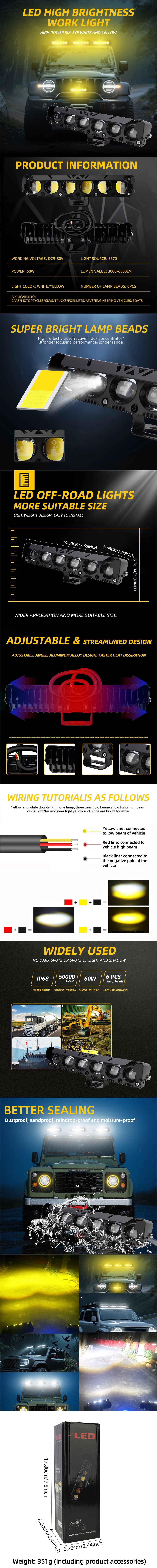 Motorcycle Car LED Work Light Truck Headlight Fog Light 9-80V Spotlight 60W 3570 6SMD Driving Light for ATV SUV UTV Dual Color Magic Electronics S22d4e9e6618c44e2ac30babb69341656z