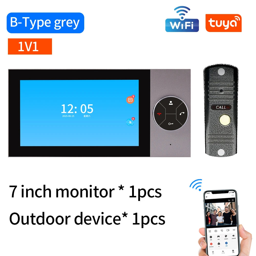 WIFI Wired Smart Home Video Door Intercom System 7" Colour Screen Monitor AHD 1080P Doorbell Tuya App Remote Unlock