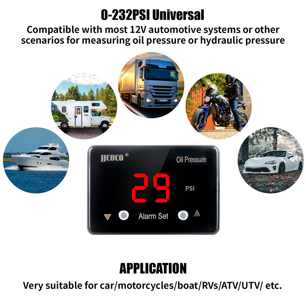JJCOCO MINI 12v Oil Pressure Gauge Red/Blue Display With 1/8NPT 0-1.6MPA (0-232PSI) Sensor With Beep Alarm Magic Electronics S23beb852b12641dd8687fd0e658f7243Q