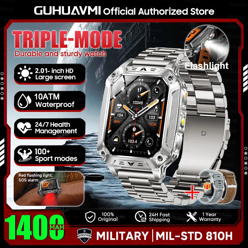 2026 Military outdoor SmartWatch Fitness Clock Men 2.01 inch AMOLED Screen 1400mAh Battery Flashlight Call Waterproof Smart Band Silver Steel 2A 1400 Large battery Magic Electronics S2509353462cf4c5e9baf0a2e0323ed92u Silver Steel 2A 1400 Large battery