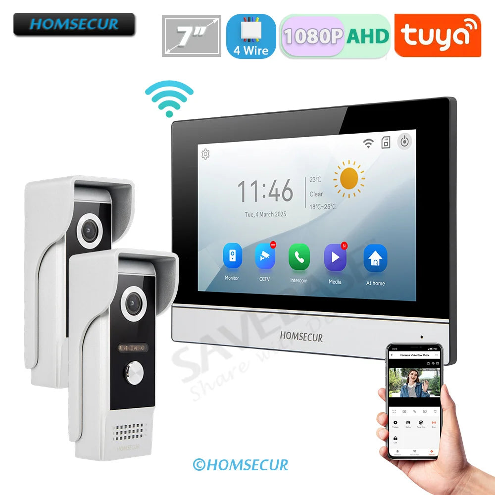 HOMSECUR 4 Wire Tuya Smart APP HD Video House Door Phone Kit with 7" Touch Screen Monitor IP65 Doorbell Camera Record Snapshot - Magic Electronics