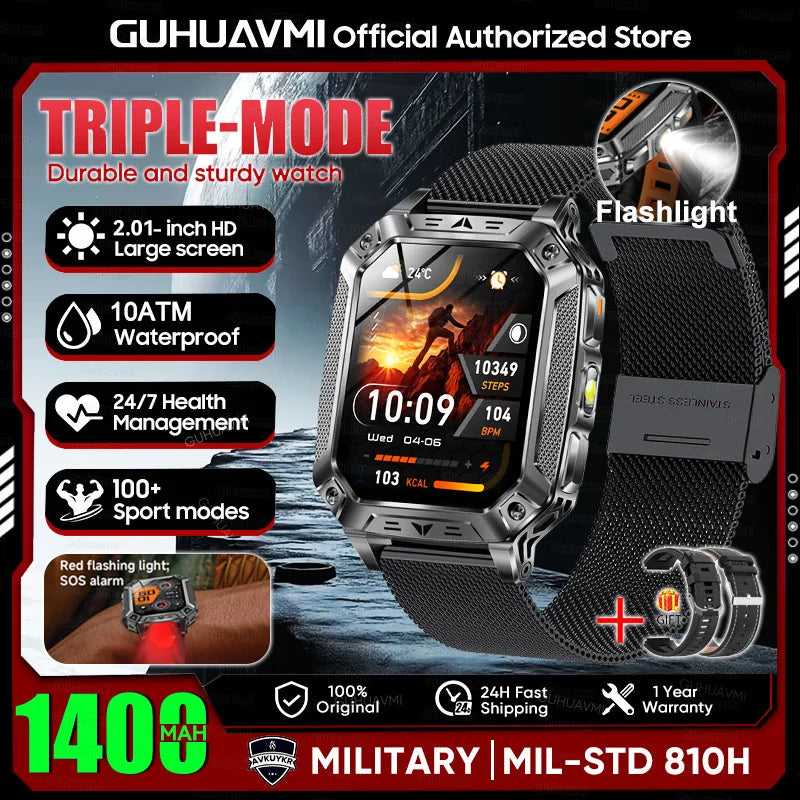 2026 Military outdoor SmartWatch Fitness Clock Men 2.01 inch AMOLED Screen 1400mAh Battery Flashlight Call Waterproof Smart Band Black Mesh Belt 2A 1400 Large battery Magic Electronics S284b9c7090d84dfd905bc883ddcd8dbeQ Black Mesh Belt 2A 1400 Large batte