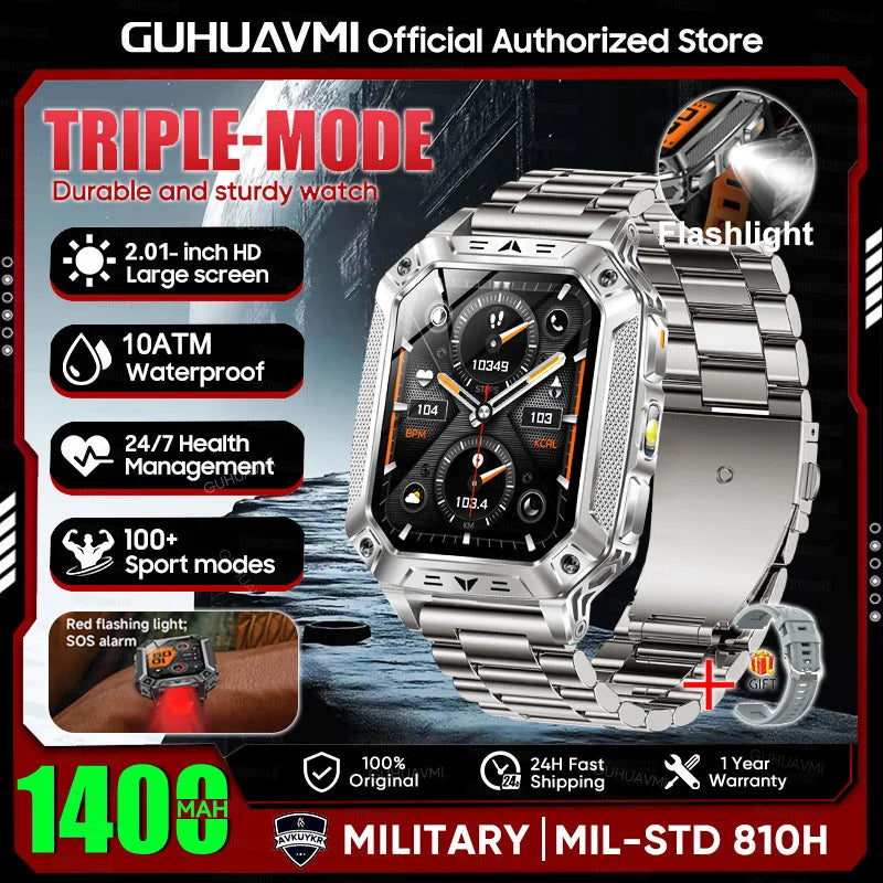 2026 Military outdoor SmartWatch Fitness Clock Men 2.01 inch AMOLED Screen 1400mAh Battery Flashlight Call Waterproof Smart Band Silver Steel 1400 Large battery Magic Electronics S2a974c3dc52145f7b57a3cefcfa73b0co Silver Steel 1400 Large battery