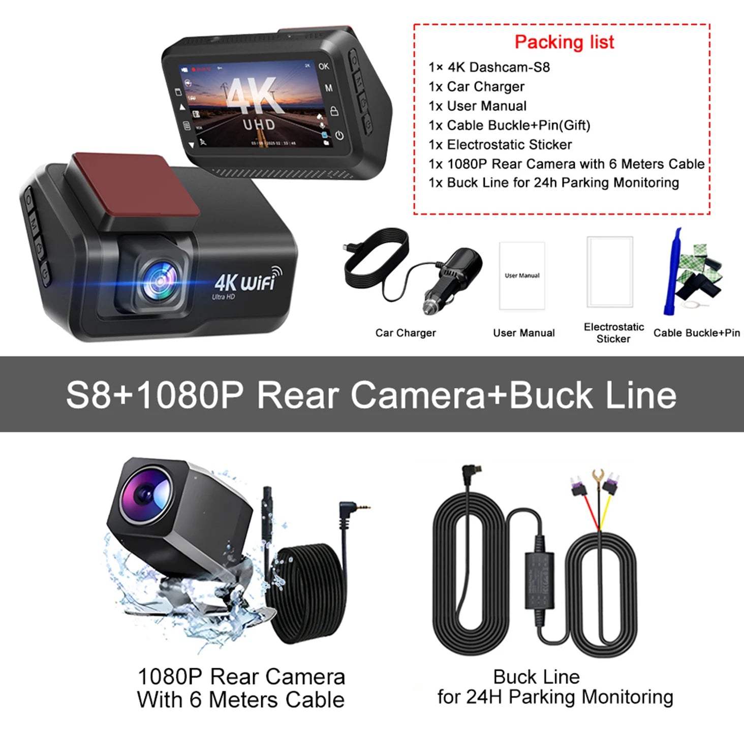 Kocam 4K UHD Dash Cam WiFi Car DVR Front and Rear Dual Lens Auto Car Camera with Night Vision 24H Parking Monitor Black Box - Magic Electronics