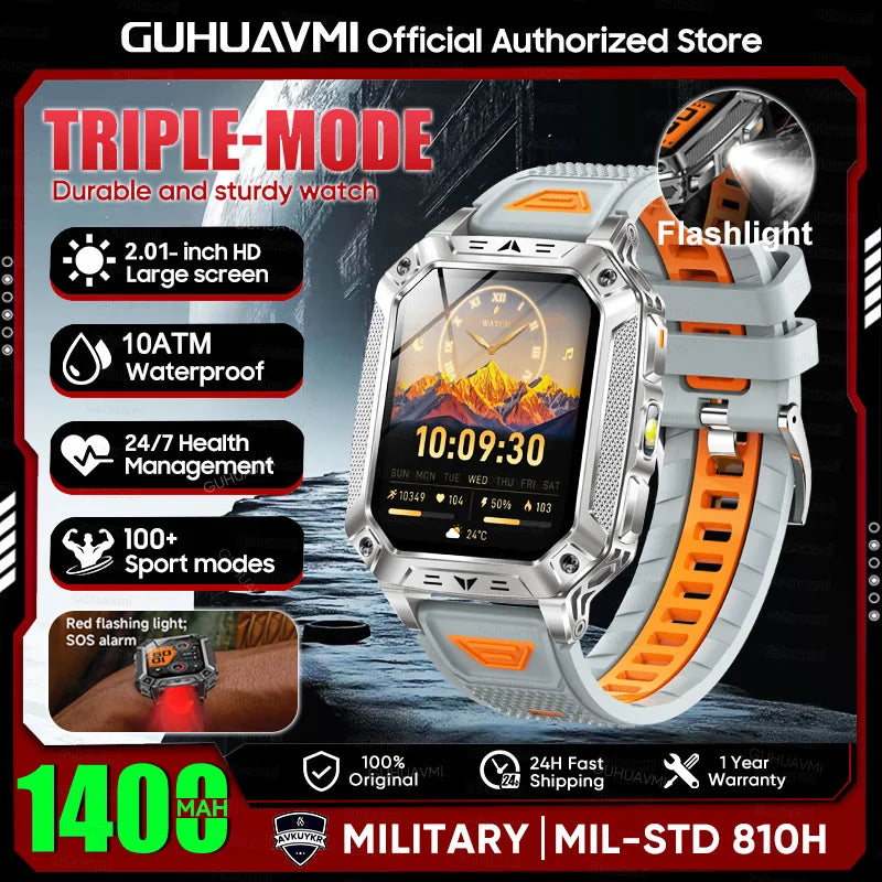 2026 Military outdoor SmartWatch Fitness Clock Men 2.01 inch AMOLED Screen 1400mAh Battery Flashlight Call Waterproof Smart Band Grey Orange 1400 Large battery Magic Electronics S303e16b7cc624d4fb95ca62e64be3c7f1 Grey Orange 1400 Large battery