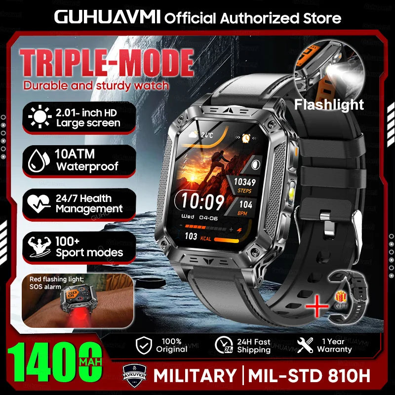 2026 Military outdoor SmartWatch Fitness Clock Men 2.01 inch AMOLED Screen 1400mAh Battery Flashlight Call Waterproof Smart Band Black Leather 1400 Large battery Magic Electronics S315404ec8a484348a88f09c007532efdD Black Leather 1400 Large battery