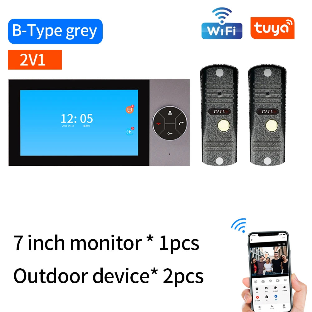 WIFI Wired Smart Home Video Door Intercom System 7" Colour Screen Monitor AHD 1080P Doorbell Tuya App Remote Unlock