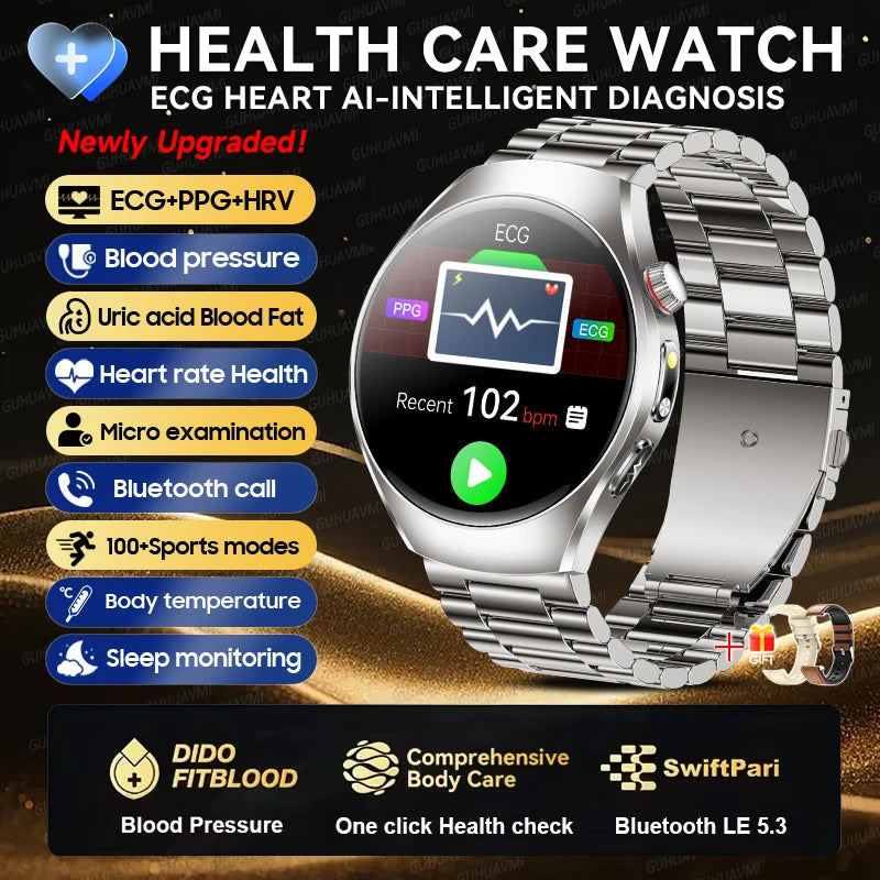 2026New Health Care Analysis ECG+PPG Smart Watch Blood pressure Fitness Uric Acid Blood lipids Bluetooth Call Clock Smartwatches Silver Steel 2A ECG Chip Magic Electronics S37d8f701e89f465cb8ffcb75cd157cfc5 Silver Steel 2A ECG Chip