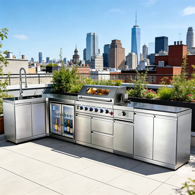 A Full Kitchen Suite Including Grill Cooktop Sink And Fridge With Waterproof Custom Outdoor Stainless Steel Cabinet For Backyard - Magic Electronics