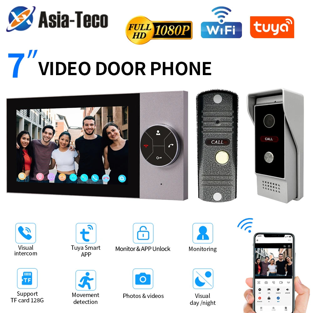 WIFI Wired Smart Home Video Door Intercom System 7" Colour Screen Monitor AHD 1080P Doorbell Tuya App Remote Unlock