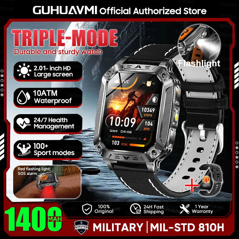 2026 Military outdoor SmartWatch Fitness Clock Men 2.01 inch AMOLED Screen 1400mAh Battery Flashlight Call Waterproof Smart Band Starlight Leather 1400 Large battery Magic Electronics S3bcf1de92f8444889a58b6a20fb79a4ac Starlight Leather 1400 Large battery