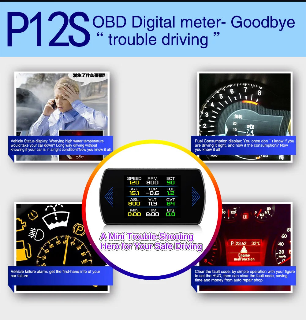 Multi-functions P12S Car HUD Head Up Display OBD2 On-board Computer Water Temp Fuel Consumption LCD Digital Speedometer Gauge Magic Electronics S4166a9f4fbab420c9181b80c2cf84ab1O