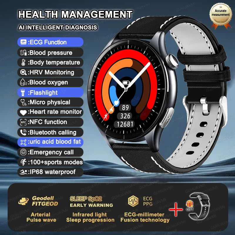 New upgrade High end Analysis Health Smart Watch Sapphire screen ECG Uric Acid BP Blood Oxygen Body Fat HD Call NFC Smart Watch Starlight Leather Nursing Grade Magic Electronics S4687da2347b04621828a399f1596340cZ Starlight Leather Nursing Grade