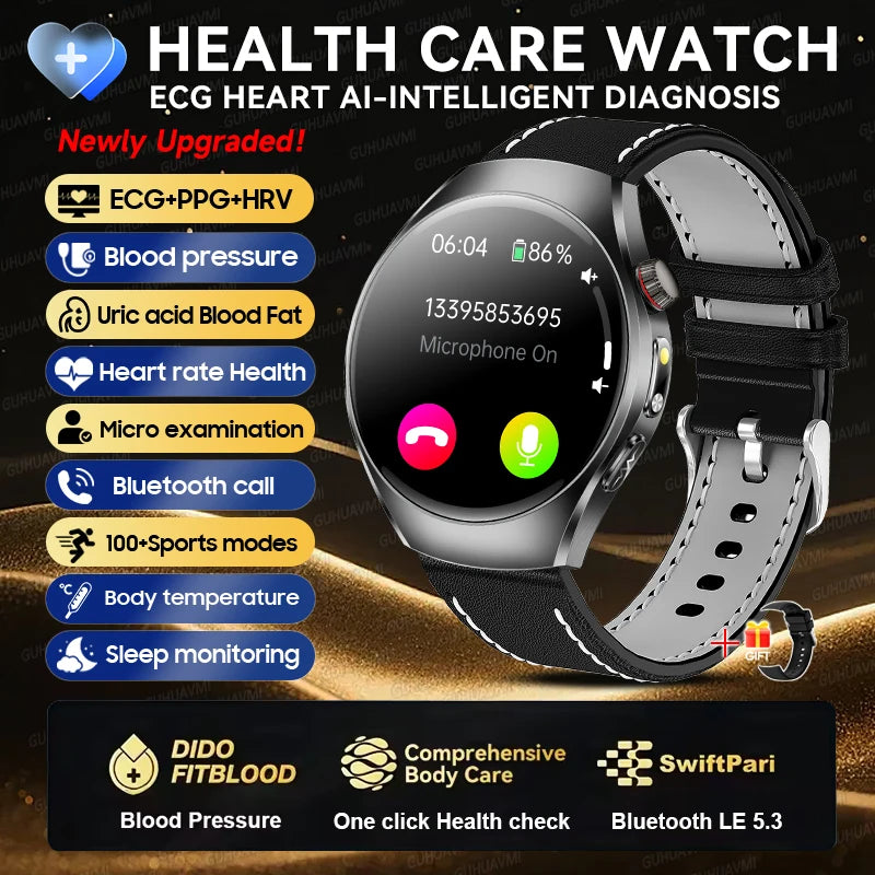 2026New Health Care Analysis ECG+PPG Smart Watch Blood pressure Fitness Uric Acid Blood lipids Bluetooth Call Clock Smartwatches Starlight Leather ECG Chip Magic Electronics S47071d57fa2644f694ab57ccef42b3b6v Starlight Leather ECG Chip