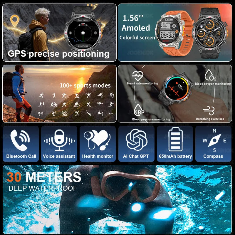 2026 New Outdoor Sports Smartwatch Men GPS Positioning 650mAh HD Call 1.56-inch AMOLED Screen Compass 5ATM Waterproof Watch Man - Magic Electronics