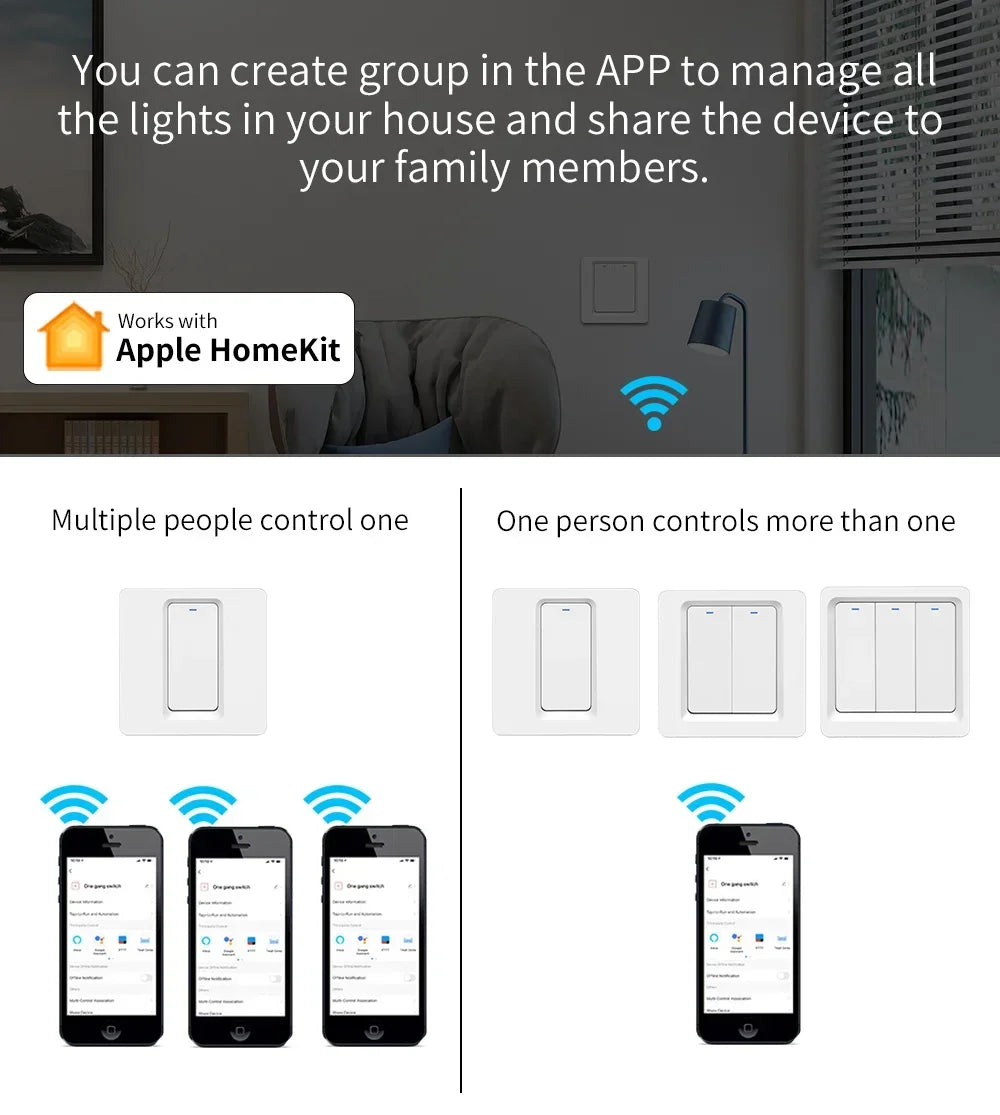 Smart Home Homekit Smart WiFi Push Button Wall Switches 1/2/3Gang LED Room Lights for iphones Works with Siri Voice