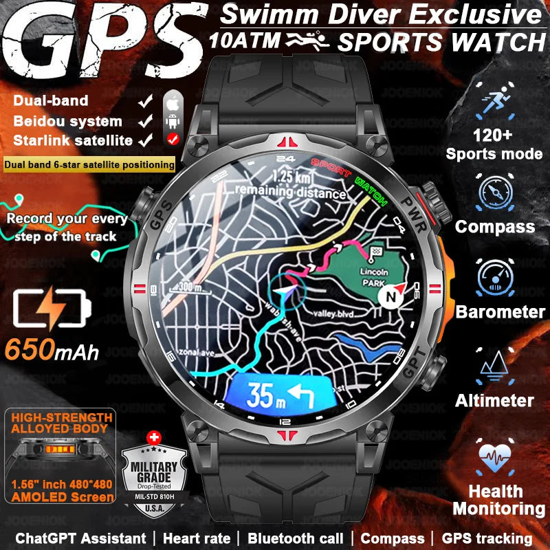 2026 New Outdoor Sports Smartwatch Men GPS Positioning 650mAh HD Call 1.56-inch AMOLED Screen Compass 5ATM Waterproof Watch Man - Magic Electronics