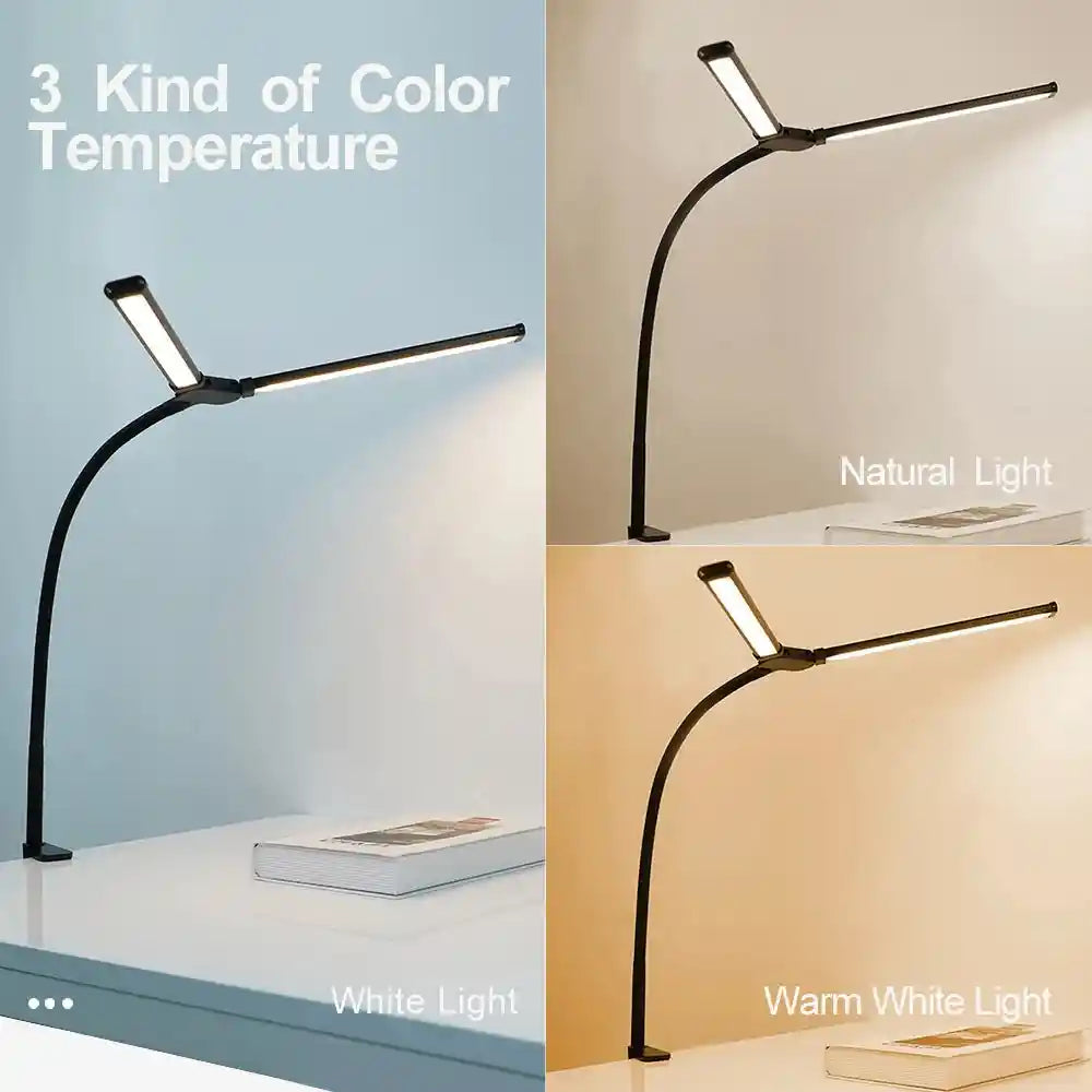 Home Office LED Desk Lamp Double Head Stepless Dimming Eye-Caring Reading Lights 3 Color Mode Flexible Adjustable PC Table Lamps - Magic Electronics