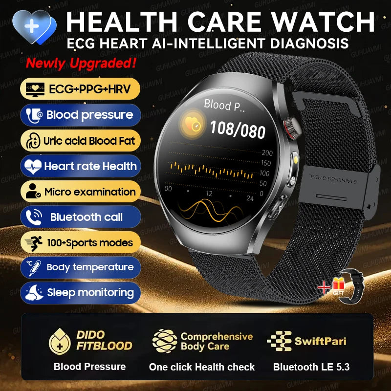 2026New Health Care Analysis ECG+PPG Smart Watch Blood pressure Fitness Uric Acid Blood lipids Bluetooth Call Clock Smartwatches Black Mesh Belt ECG Chip Magic Electronics S56fe6d84063548d58ae21529e0b2ccfez Black Mesh Belt ECG Chip