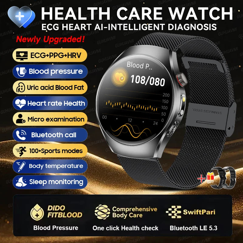 2026New Health Care Analysis ECG+PPG Smart Watch Blood pressure Fitness Uric Acid Blood lipids Bluetooth Call Clock Smartwatches Black Mesh Belt 2A ECG Chip Magic Electronics S58fcbc1ccdb144eabfe72c8bb2218cf81 Black Mesh Belt 2A ECG Chip