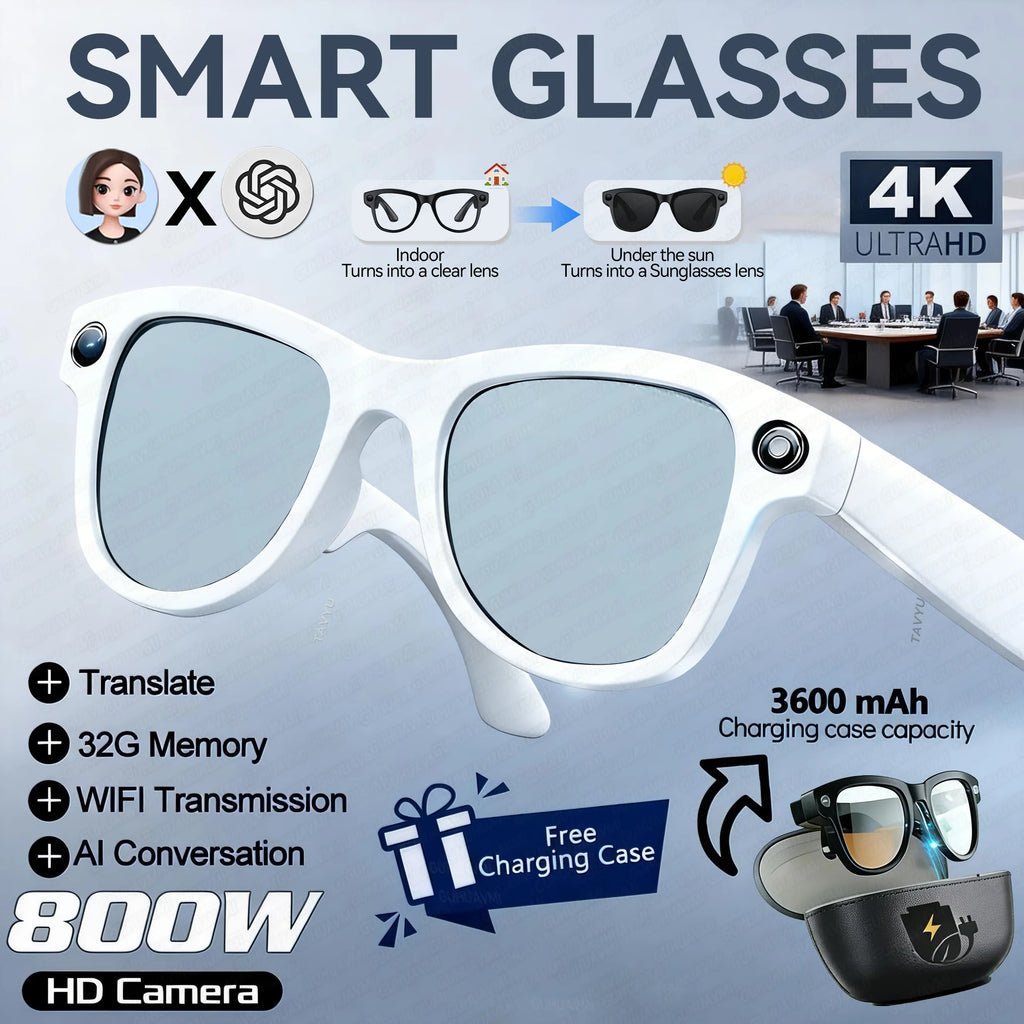 AI Smart Glasses with Camera 1200P M02 Ultra ChatGPT Voice Control 32GB Real-time Translation 3600mAh Charging Case Sunglasses White color change A Magic Electronics S5a4e205d8b3e4bf687218a89fb4050c2n White color change A