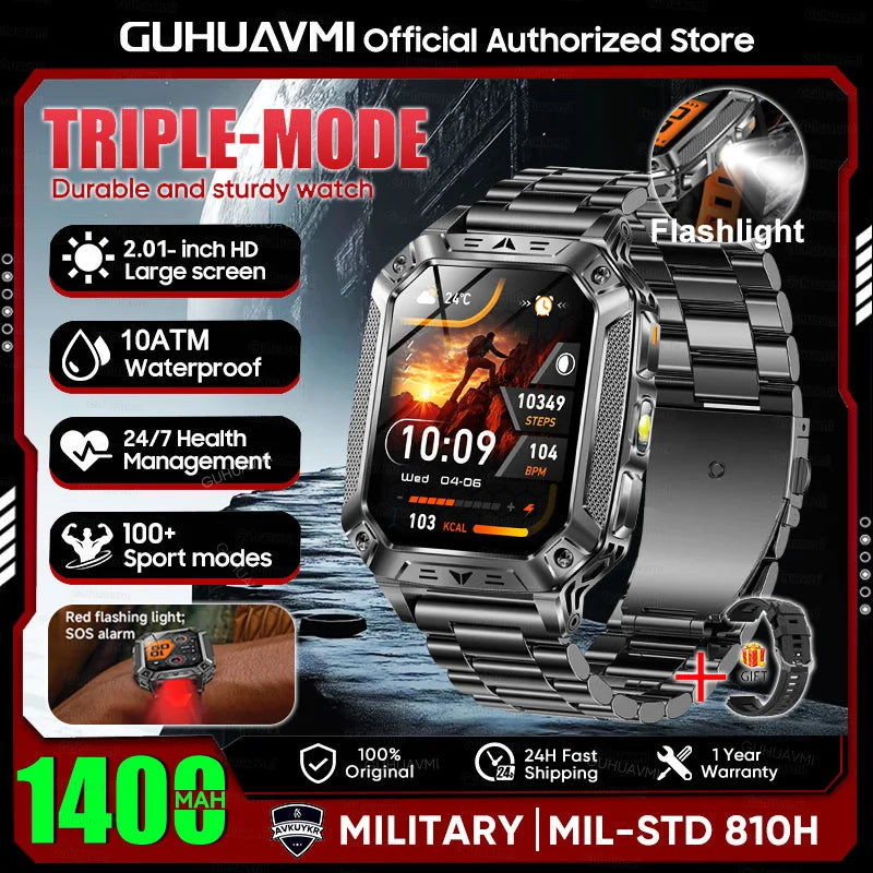 2026 Military outdoor SmartWatch Fitness Clock Men 2.01 inch AMOLED Screen 1400mAh Battery Flashlight Call Waterproof Smart Band Black Steel 1400 Large battery Magic Electronics S5aae4aedd85c423a9015465f57e73ff0f Black Steel 1400 Large battery