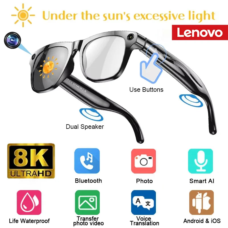 Lenovo 8K HDSmart AI Glasses With 100mp Camera Chat GPT Touch Sport Sunglasses Bluetooth Calling Music Player For Men Women Gift Black-change color Magic Electronics S5f0c0090eaf24dd4a16790764eaf888dv Black-change color