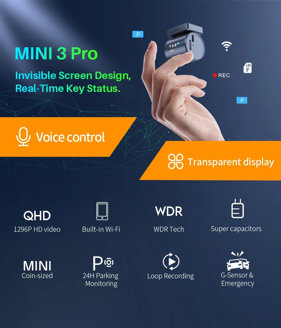 2K KAWA MINI 3 Pro Cameras for Car DVR Tiny Dash Cam 24 Parking Auto Video Recorder WiFi APP Voice Control Car dashcam - Magic Electronics