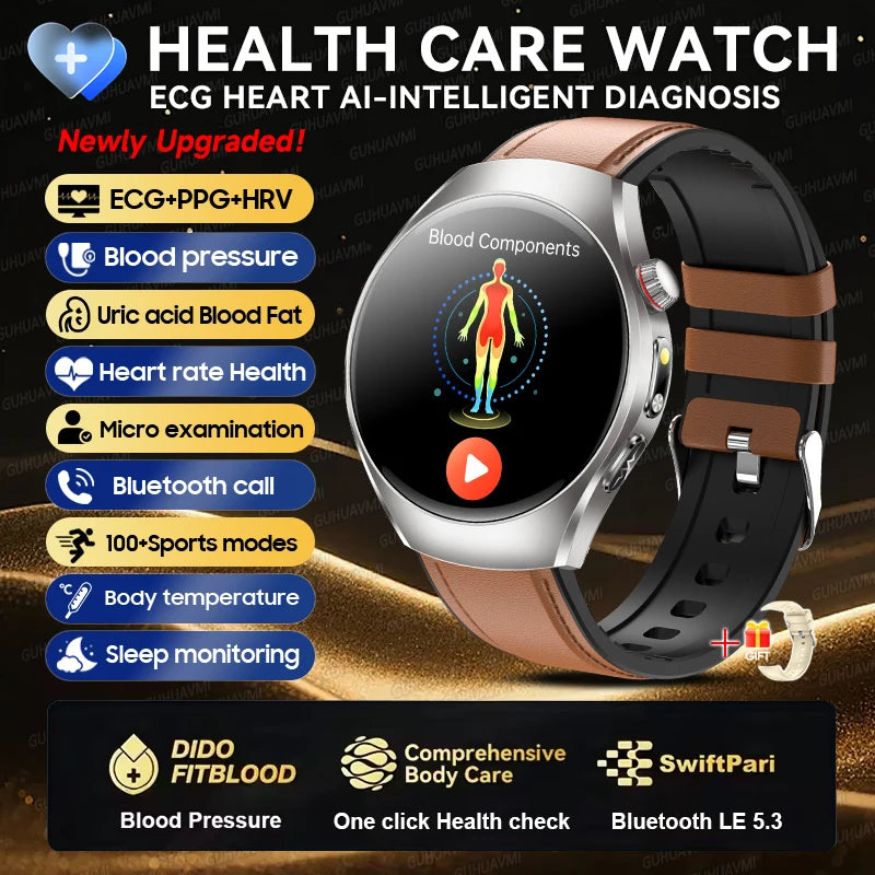 2026New Health Care Analysis ECG+PPG Smart Watch Blood pressure Fitness Uric Acid Blood lipids Bluetooth Call Clock Smartwatches Brown Leather ECG Chip Magic Electronics S6450d67f25274622a1958a6024d90fc4A Brown Leather ECG Chip