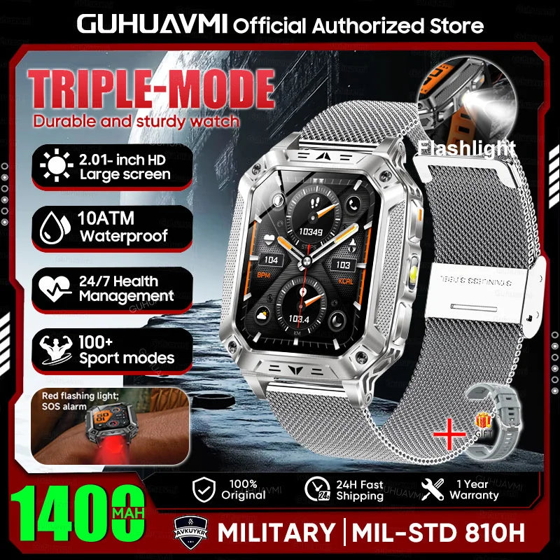 2026 Military outdoor SmartWatch Fitness Clock Men 2.01 inch AMOLED Screen 1400mAh Battery Flashlight Call Waterproof Smart Band Silver Mesh Belt 1400 Large battery Magic Electronics S65999b1740664014b686d3f374c53cc0s Silver Mesh Belt 1400 Large battery