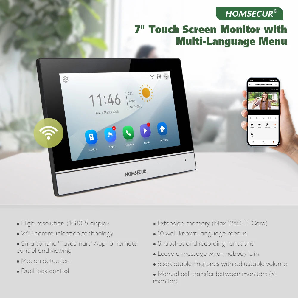 HOMSECUR 4 Wire Tuya Smart APP HD Video House Door Phone Kit with 7" Touch Screen Monitor IP65 Doorbell Camera Record Snapshot - Magic Electronics