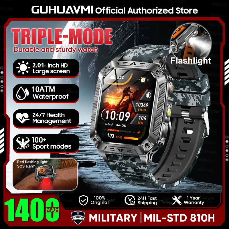 2026 Military outdoor SmartWatch Fitness Clock Men 2.01 inch AMOLED Screen 1400mAh Battery Flashlight Call Waterproof Smart Band Blue Camouflage 1400 Large battery Magic Electronics S68af306f9e584cc0b61cf5fe22a3d529j Blue Camouflage 1400 Large battery