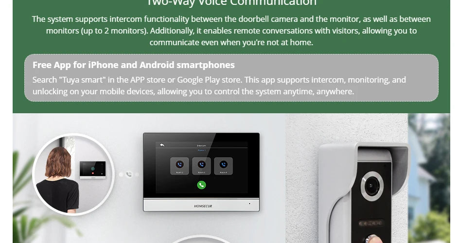 HOMSECUR 4 Wire Tuya Smart APP HD Video House Door Phone Kit with 7" Touch Screen Monitor IP65 Doorbell Camera Record Snapshot - Magic Electronics